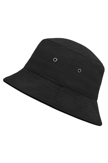 A black fisherman piping hat featuring two ventilation eyelets and a wide brim. It has a logo on the side.